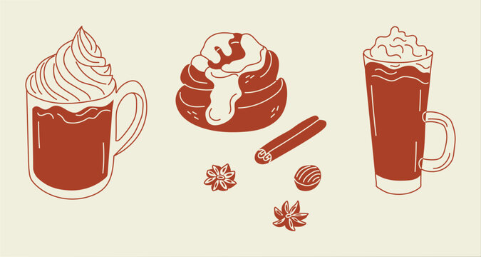 Illustration featuring a cup of whipped cream, a cinnamon roll with icing, and a glass of chocolate drink with spices on a light background