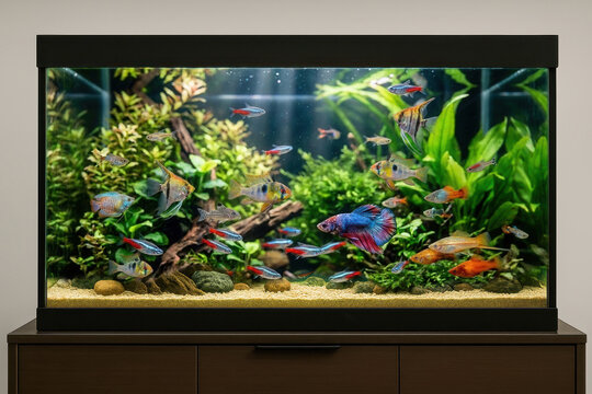 close up of aquarium tank full of fish
