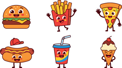 Fototapeta premium Cute fast food mascot character sticker set vector illustration with happy burger french fries pizza hotdog soda.