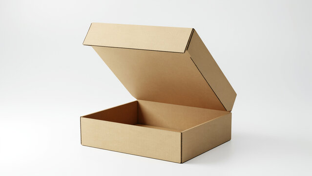 Open brown corrugated cardboard shipping box with lid tilted on a white background