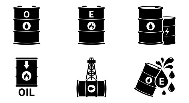 Oil Industry Icons Barrel Fuel Nozzle Flame And Drilling Rig