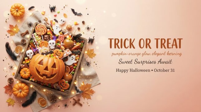 Festive halloween candy arrangement with pumpkins and spooky decorations for seasonal celebrations and trick or treating