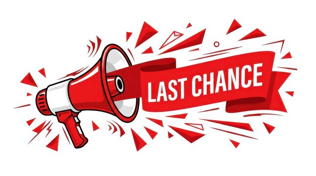 Last chance megaphone announcement. Urgent sale promotion speaker.