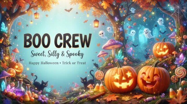 Whimsical halloween scene with jack o lanterns candy and spooky decorations in a mystical forest