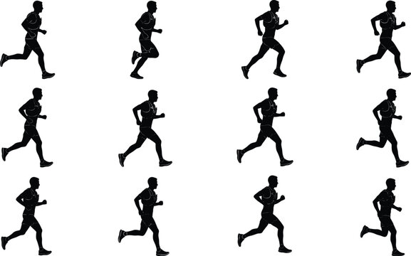 Male runner animation frame set sequence showing running motion cycles isolated on white background