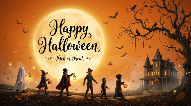 Happy halloween trick or treat scene with children in costume and spooky haunted house under a full moon