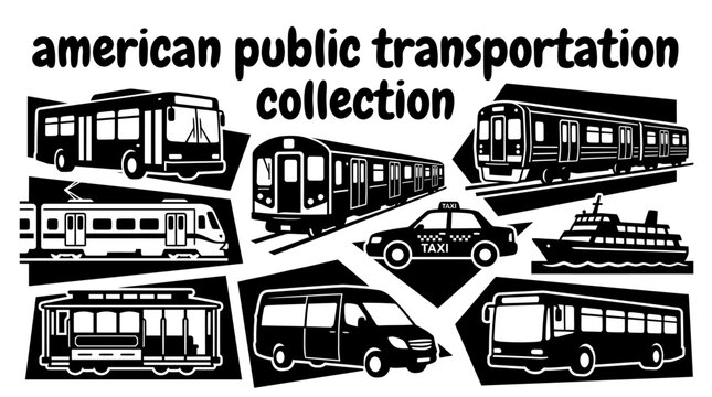 american public transportation featuring city buses subway trains streetcars commuter rail taxis ferries cable cars airport shuttles and passenger transit vehicles for united states mobility