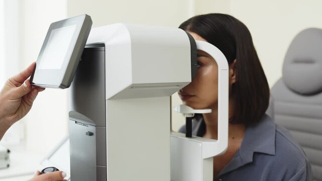 Young woman receiving an autorefractor eye examination during a routine vision check. Concept ophthalmology, refractive testing, vision care, preventive medicine, healthcare.