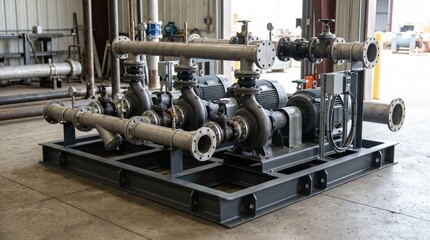 Fototapeta premium Medium shot of a triplex municipal water pump station assembly on a sturdy baseplate focusing on the robust design and readytoinstall configuration for largescale water management