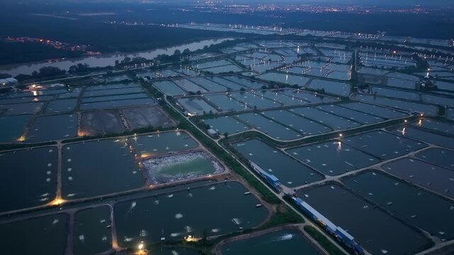 Night view of vast aquaculture farms. Rows of illuminated ponds stretch across the landscape