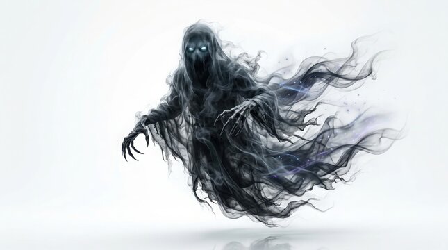 Halloween ghostly figure with long flowing hair and dark