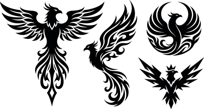 Tribal firebird logo collection featuring aggressive black eagle emblems and sharp geometric bird shapes isolated