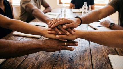 Obraz premium Hands United in Collaboration: A group of diverse hands stacked together over a wooden table, symbolizing unity, teamwork, and shared purpose in a business meeting.