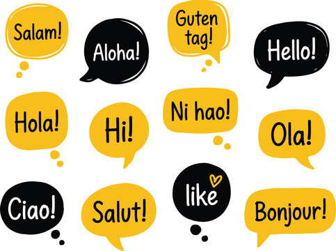 Collection of colorful speech bubbles with greetings in multiple languages on a white background