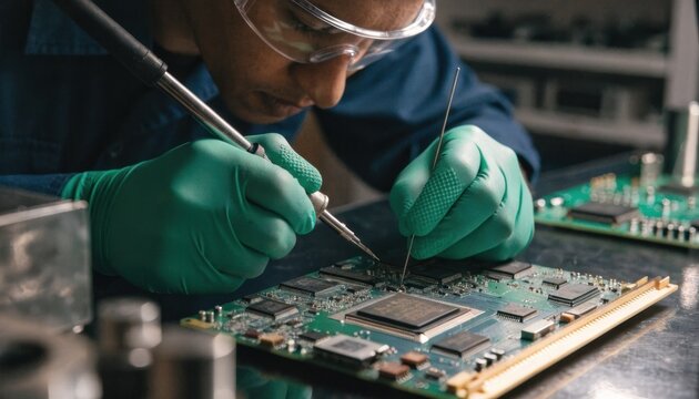 Selective soldering of complex surfacemount boards for oscilloscopes showcasing expert technician targeting specific components with intense focus and steady hands.