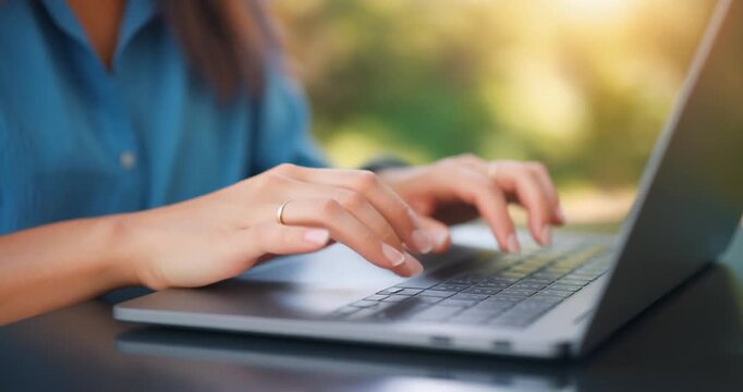 Woman Hands Typing on Laptop Outdoors Close Up High Angle