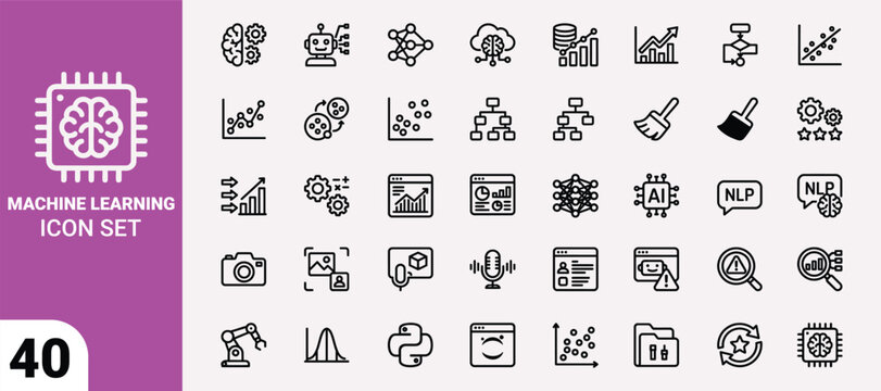 Machine learning icon set 40 vector graphics for ai data science and technology applications