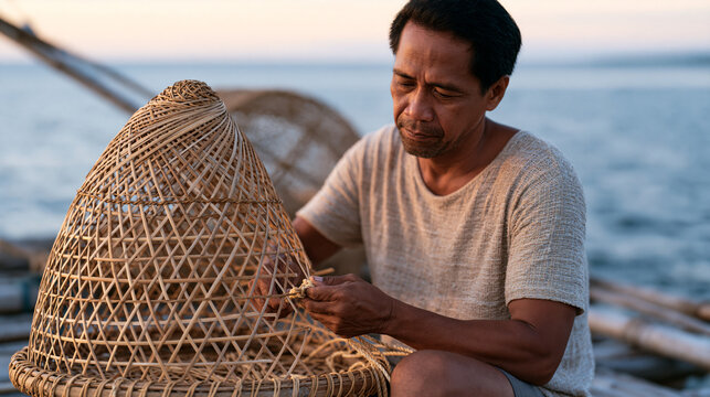 Filipino fisherman repairing a conical bamboo fish trap on a wooden pier at sunrise, tying new lashing points, artisan boat equipment craft, traditional fishing culture, coastal