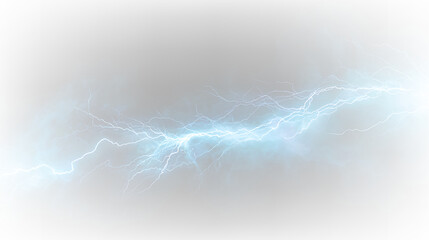 Electric blue lightning bolts with soft clouds on transparent background creating a dynamic scene for designs and graphics © Liubov