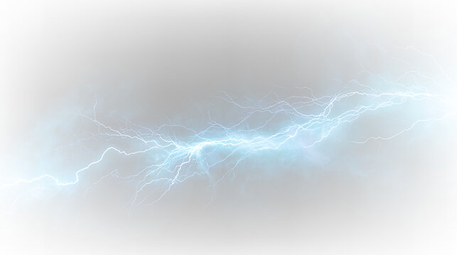 Electric blue lightning bolts with soft clouds on transparent background creating a dynamic scene for designs and graphics