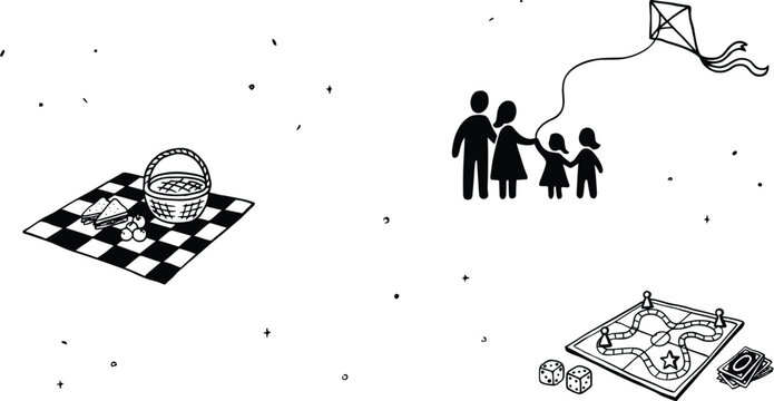 Family flying kite with picnic and board game