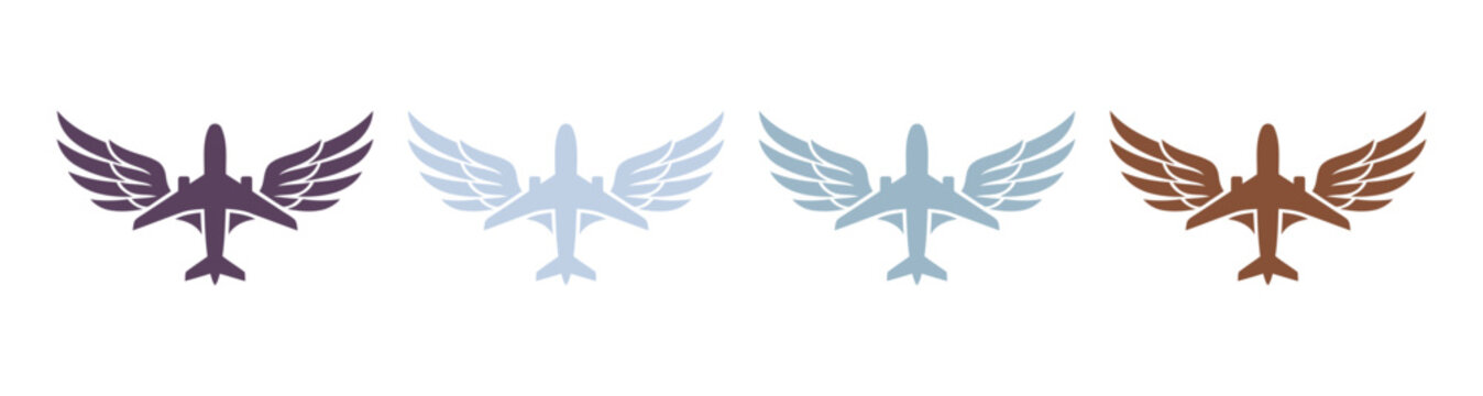 Airplane icons with decorative wings representing travel and aviation for logos or graphic design projects in a flat style on a transparent background