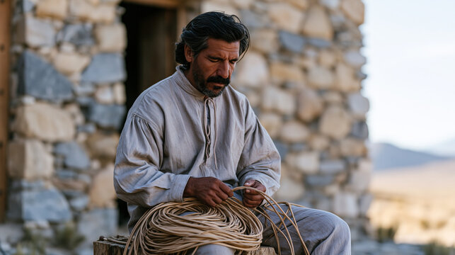 Argentinian gaucho braiding leather into a long reata while seated on a wooden stump outside a stone stable, cattle country background, rural craft skill, South American