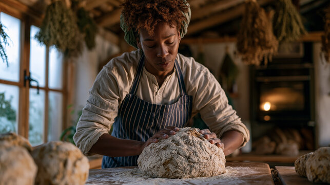 A baker kneading a large batch of spiced Kwanzaa sweet potato bread on a floured wooden counter as the kitchen window fogs from oven heat and dried herb bundles hang from ceiling