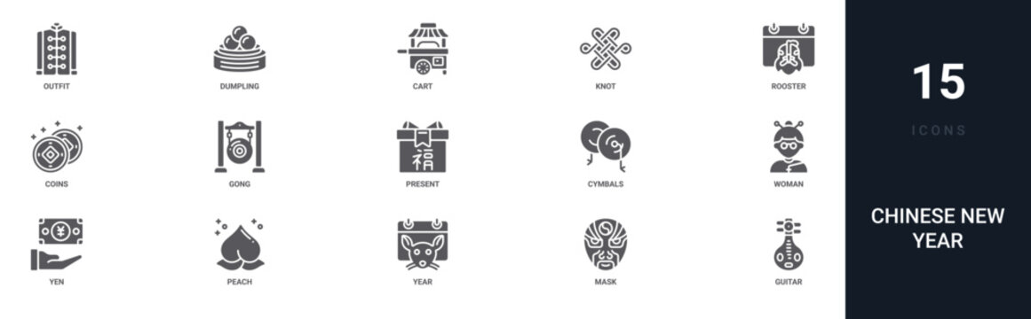 Set of 15 solid Chinese New Year icons for dashboards, app screens and website sections. Filled glyph collection including dumpling, knot, coins, present and cymbals.