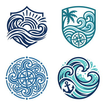 Set of four nautical and ocean-themed emblems with waves, palm trees, compass, and anchor symbols.