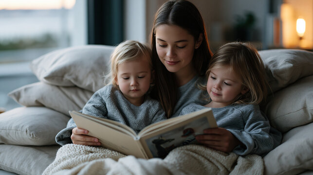 Teen babysitter reading a picture book aloud to two toddlers nestled beside her on a couch cushion pile, domestic lifestyle, childcare service, family home interior, community