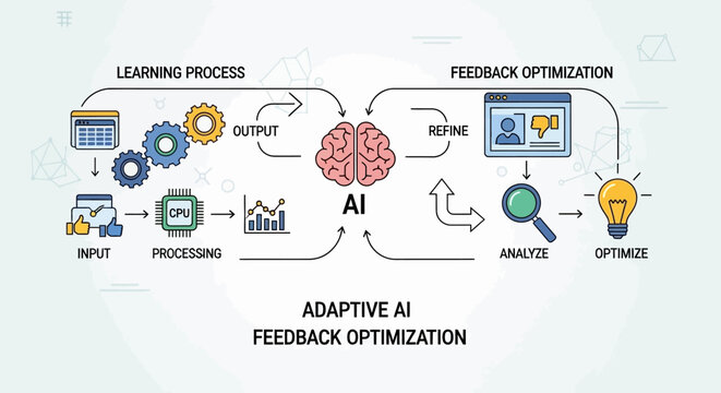 Adaptive AI Feedback Optimization Diagram: Input, Processing, Learning, Analyze, Optimize