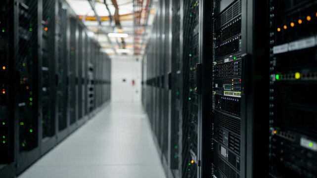 Side view of a commercial data center aisle showcasing rows of server racks in hot aisle configuration LED lights blinking distinctly while other equipment is softly blurred.