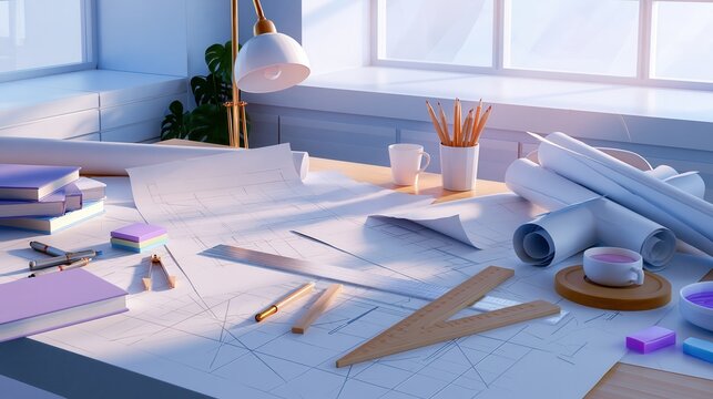 Architectural blueprints and drafting tools on a desk with warm window light and a cup of tea