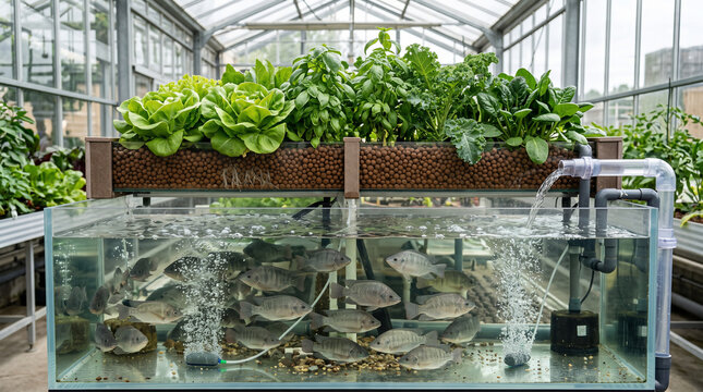 Aquaponic Farming System: A sustainable aquaponic system cultivates fresh produce in a greenhouse environment, featuring a tank filled with fish and a flourishing hydroponic setup above.