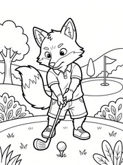 Fototapeta premium Coloring page, focused fox swinging at a golf ball.