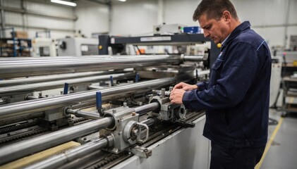Fototapeta premium Midrange view of a worker installing a longbar feeder system on a CNC lathe adjusting the feed mechanism to handle extended material lengths for efficient manufacturing.