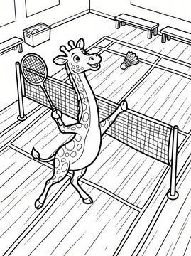 Coloring page, tall giraffe hitting a shuttlecock.