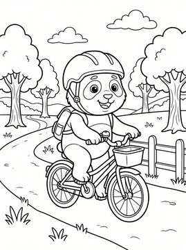 Coloring page, happy panda riding a bicycle in a park.