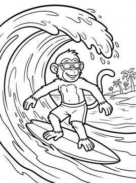 Coloring page, cool monkey riding a surfboard on a wave.