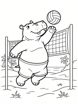 Coloring page, strong hippo hitting a volleyball over a net.
