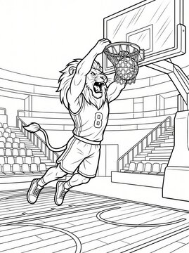 Coloring page, strong lion dunking a basketball.