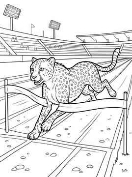 Coloring page, fast cheetah running on a track and field.
