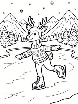 Coloring page, graceful deer ice skating on a frozen lake.