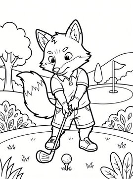Coloring page, focused fox swinging at a golf ball.