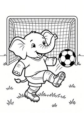 Coloring page, happy baby elephant kicking a soccer ball.
