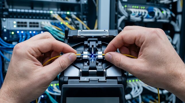 Technician performing fiber optic cable splicing in a modern server room data center