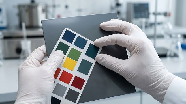 Scientist comparing color swatches on a grey sample panel in a modern laboratory setting