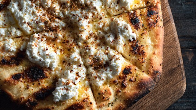 A macro flat lay of blistered pizza crust and creamy cottage cheese topping showing detailed texture under warm side lighting