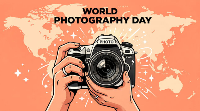 Hand holding dslr camera against world map background for photography day